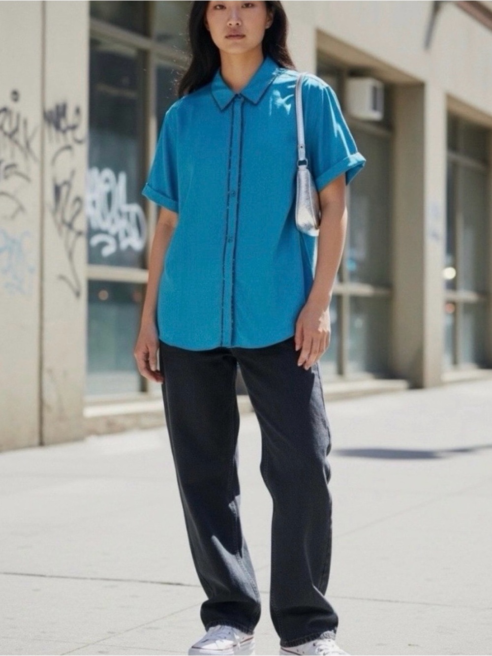 Wildfang The Empower Piped Button Up Blue w Floral Accent NEW w Tag Size Small